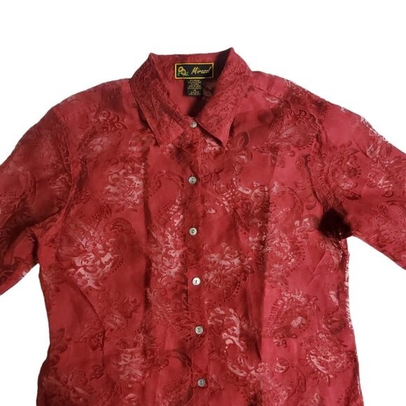 Mirasol Red Floral 3/4 Sleeve Semi-Sheer Button-Up Top Sz M - Picture 3 of 14
